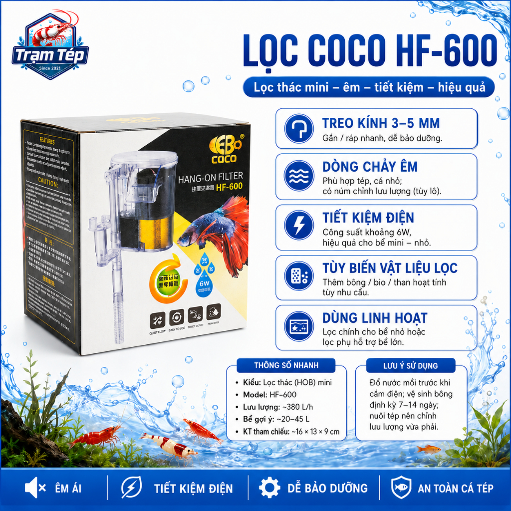 COCO Mini HF-600 ตัวกรองน้ําตก 6W 380L/h – เงียบ, กระจกแขวน 3.5 มม., สําหรับปลาและกุ้งประดับ – Lucas