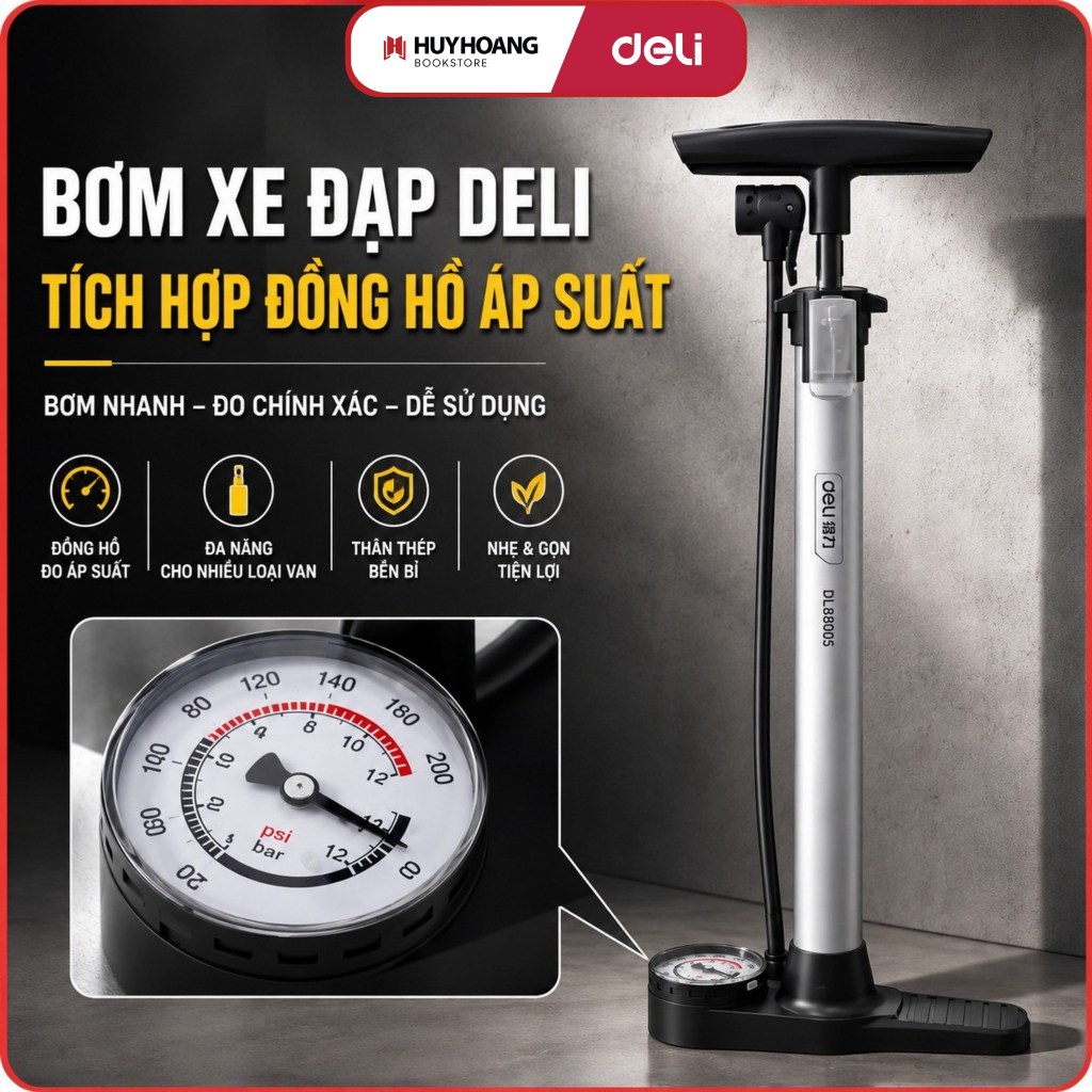 DELI ปั๊มจักรยานเครื่องวัดความดันสูงสุดแบบรวม 160 PSI-Φ32*360mm - Compact (DL880005), เครื่องมือ
