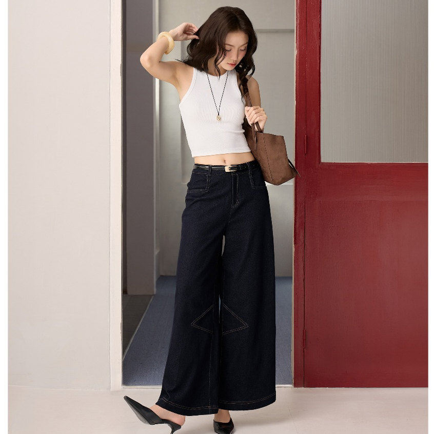 กางเกงยีนส์ขากว้างผู้หญิง THE CU กางเกงยีนส์ขาตรงเอวสูงแต่งชายนูน - Taly Pants