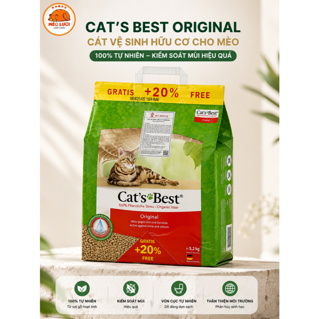 Cats Best Original ทรายแมว 5.2กก. ย่อยสลายได้สูง จับขยะไม้ออร์แกนิกที่ฟลัชโถส้วมได้*