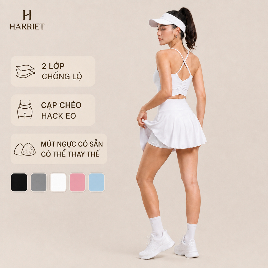 WUQUE ชุดออกกําลังกายผู้หญิง Cross Backless 2-String Shirt, Faux Skort กระโปรงกางเกงพร้อมกางเกงป้องก