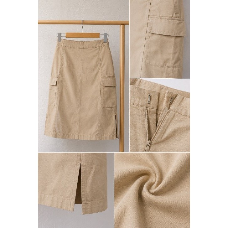 284. กระโปรงสีกากีผู้หญิงขนาด L Top XL เอว 76–82 ซม.ความยาว 61 ซม.สีครีมเอวสูงกระเป๋ากรีดสินค้าสํานั