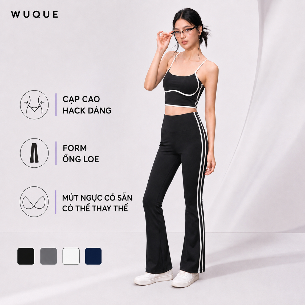 [รุ่นใหม่] WUQUE Womens Yoga Pilates Gym Set 2-Strap Hem Bra, Hacked Flared Pants