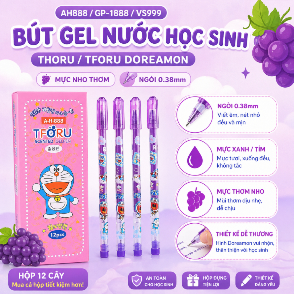กล่อง 12 Thornu/ Tforu Doreamon AH888 / VS999 ปากกาเจลหมึกองุ่นหอม 0.38 มม. Nib (หมึกสีน้ําเงิน, สีม