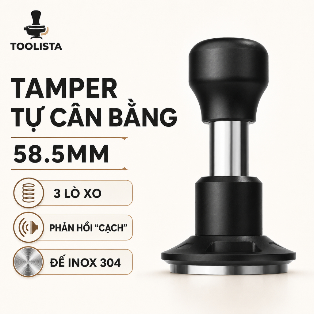 XO Espresso Tamper 58.5mm Spring Powered 30lbs, Self-Returning Limiting Compression, Twisted ฐานสแตน