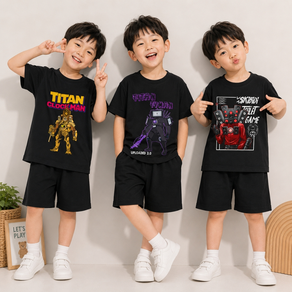 Titan Clock Man Titan TV Man Titan Cameraman LV3 เจาะ Man Skibidi Toilet เสื้อยืดสีดําสําหรับเด็ก NT