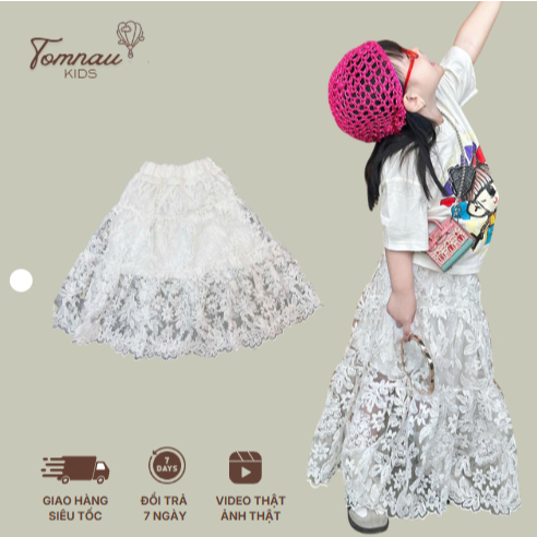 CV19 - [tomnaukidS] กระโปรงลูกไม้ยาวสําหรับเด็กผู้หญิง - Size 9-35Kg