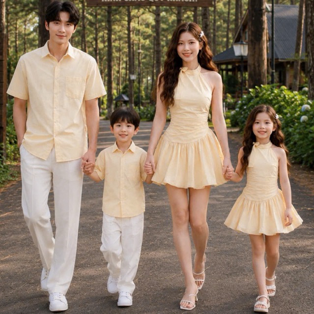 [GDN5 มีไซส์ใหญ่]คู่รัก ชุดยูนิฟอร์มครอบครัว เสื้อผู้ชาย+ชุดเดรสผู้หญิงสีเหลืองธรรมดาคล้องคอสั้นน่าร