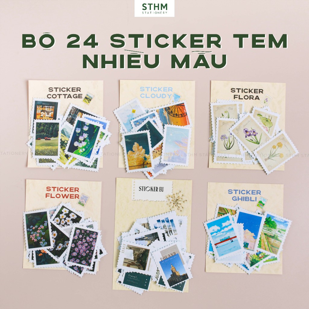 [STHM Stationery] - ชุดสติ๊กเกอร์แสตมป์วินเทจ 24 ชิ้นสําหรับตกแต่งสมุดหลายธีม (Ghibli, Cloudy, Flowe