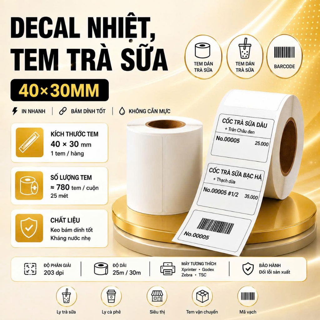 DECAL PRINTING COFFEE MILK TEA STAMPS LABEL PRINTING PAPER BAR CODE 40x30mm - HCM