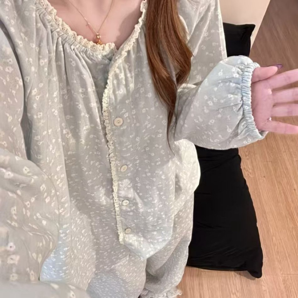 MIN BOUTIQUE (ACTUAL PHOTOS INCLUDED) ชุดนอนสตรีแขนยาวผู้หญิงชุดดอกไม้เล็กๆลูกไม้ Trim Square Collar