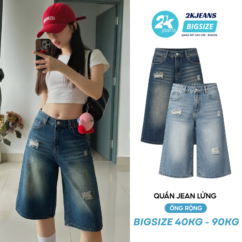 Wash Baggy ขากว้างเอวสูง Ripped กางเกงยีนส์คุณภาพสูง Denim Bigsize QC76 2KJeans