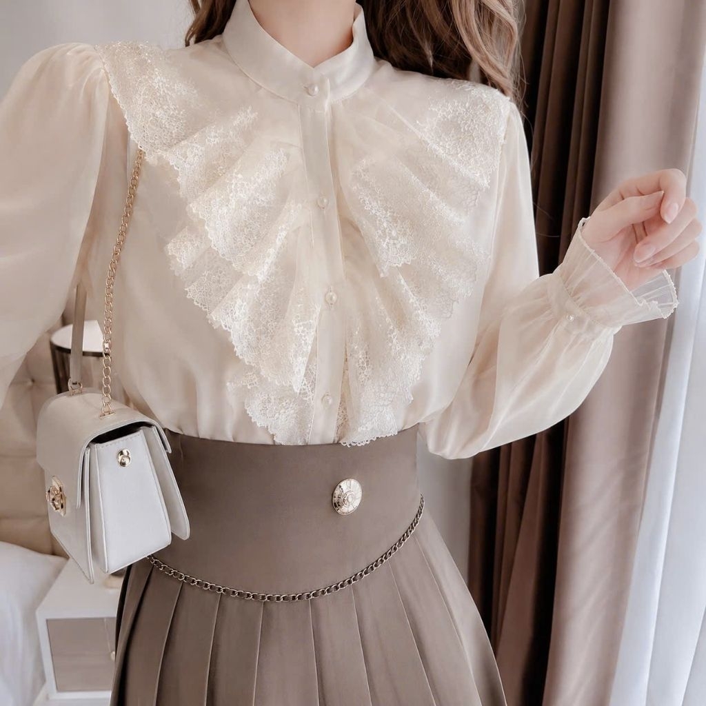 ม (0943.140.503) เสื้อชีฟอง 2 ชั้นคอปกระบายรวมกับกระโปรงสุด ๆ หรือกางเกงขายาว