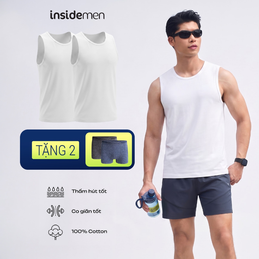 Combo 2 Insidemen เสื้อกล้ามผู้ชายผ้าฝ้ายรอบคอการดูดซึมดีชุดชั้นในชายสวมใส่ Well ITL001EXP02
