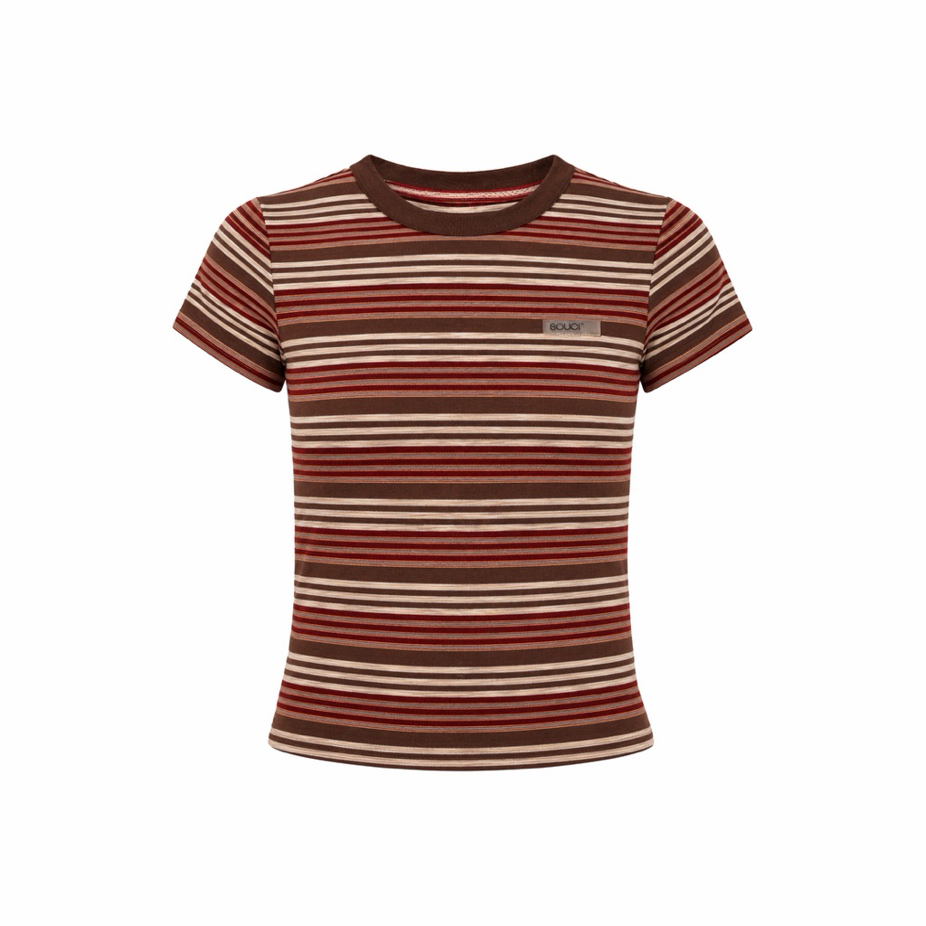 SOUCI Cotton Womens STRIPED T-SHIRT 210gsm Square Rubber Logo - RS 5 STRIPED T-SHIRT