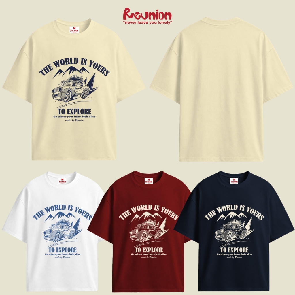 REUNION Cotton เสื้อยืดผู้ชาย/ผู้หญิง "THE WORLD IS YOURS"