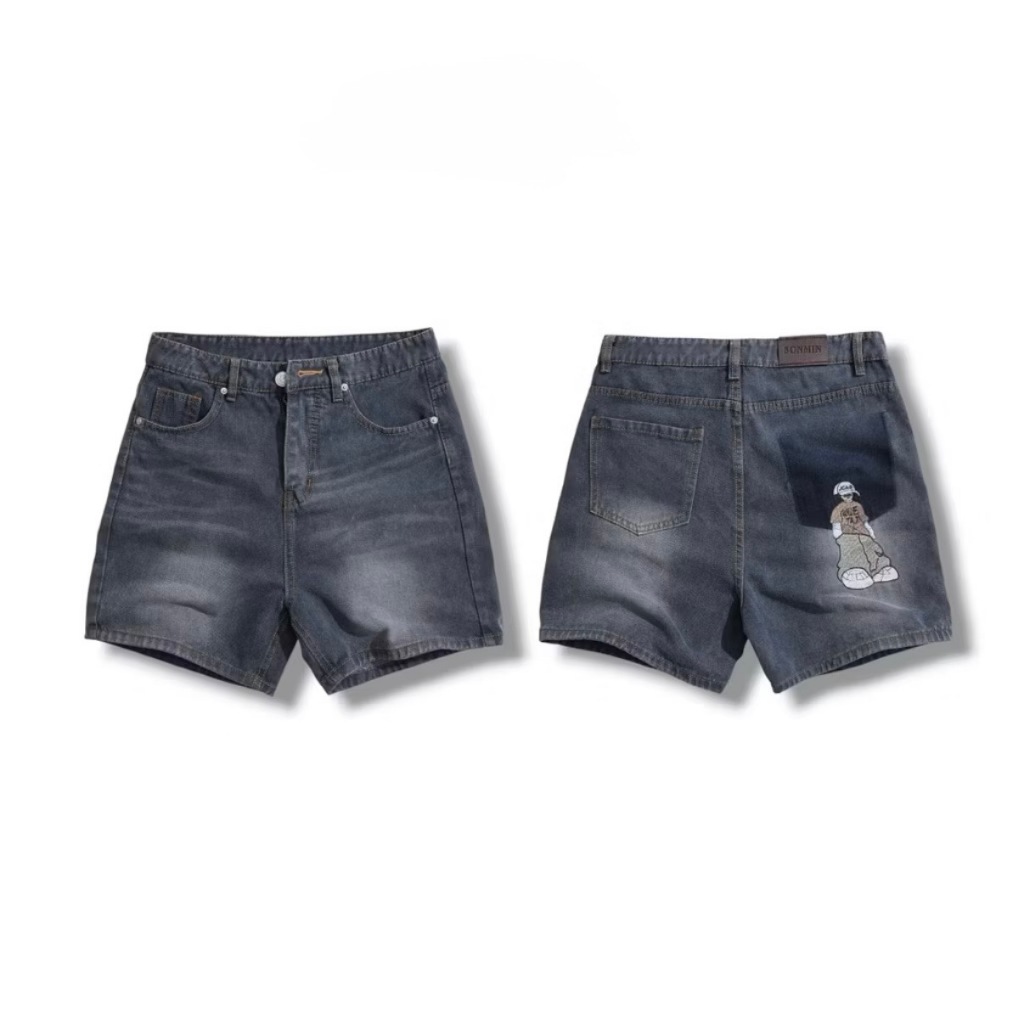 STREETWEAR SHORT JEANS - กางเกงยีนส์ขาสั้นปักขากว้างสําหรับผู้ชายและผู้หญิง Streetwear