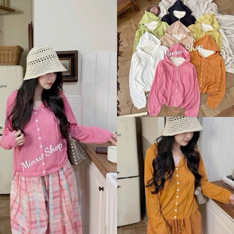 เสื้อแจ็คเก็ตคาร์ดิแกนผ้าวูลสําหรับผู้หญิงมีฮู้ดบางและเบาสไตล์เกาหลี QC Minxu Shop SK38