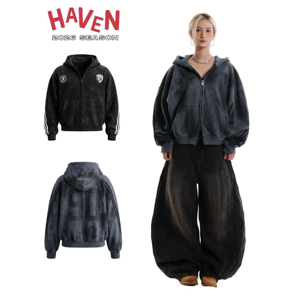 Haven Studio Striped Wash Hoodie สําหรับผู้ชายและผู้หญิง รูปแบบหลวม สองสี สีเทาและสีดํา