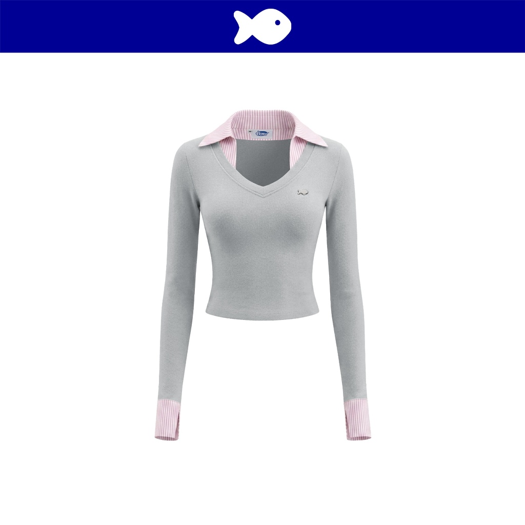 เสื้อยืดแขนยาวผู้หญิง DKMV คอปก แขนผ่าน่ารัก คอกลม สีเทา แถบสีชมพู โลโก้ Mina Top fish | K-T65-X