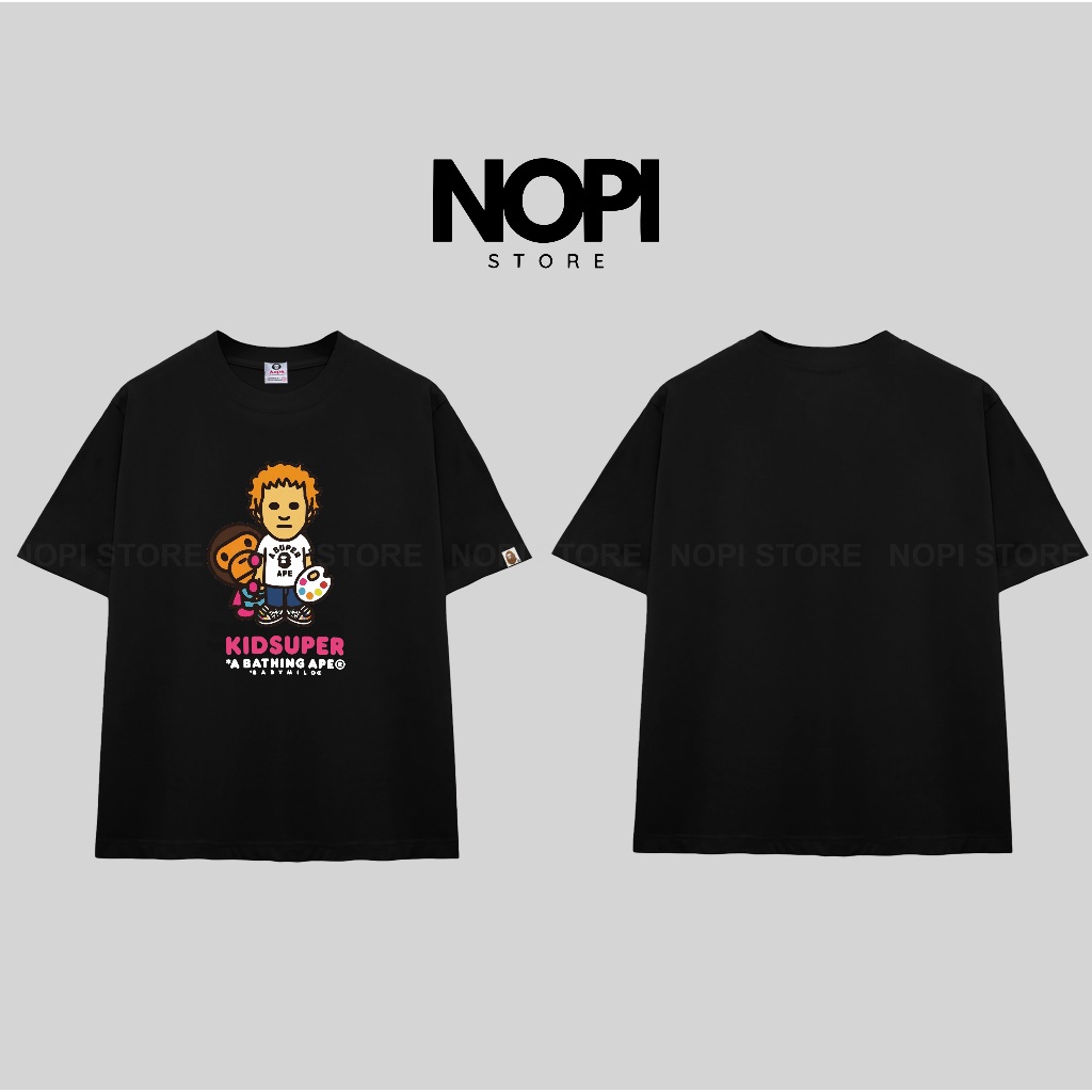 BAPE MILO x KIDSUPER เสื้อยืดทรงหลวมสําหรับผู้ชายและผู้หญิงผ้าผ้าฝ้ายคุณภาพสูง UNISEX 280GSM THICK -