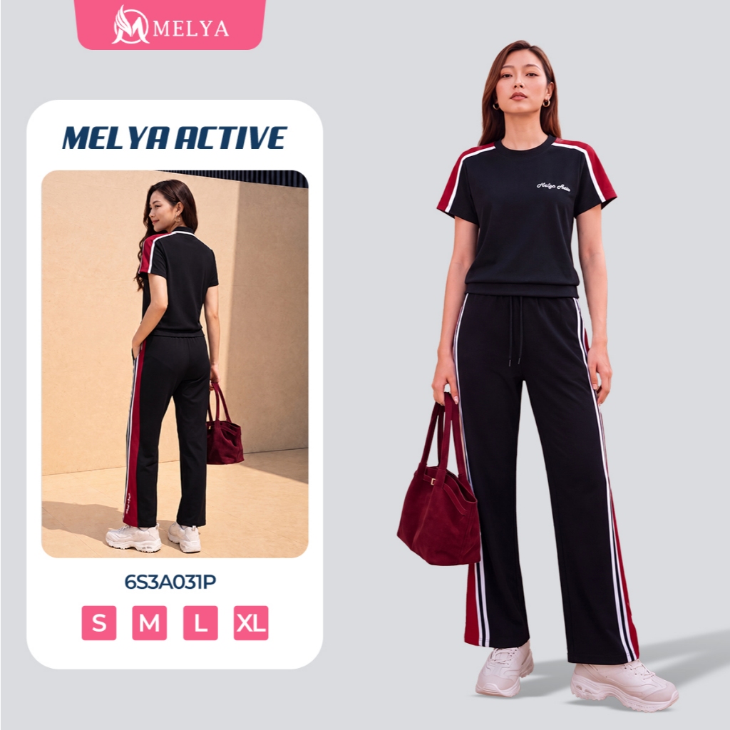 MELYA 6S3A031P ชุดเสื้อและกางเกง Power Stripe - บุคลิกภาพสีดําและสีแดงผสมความยืดหยุ่นที่ดีทําให้แบน