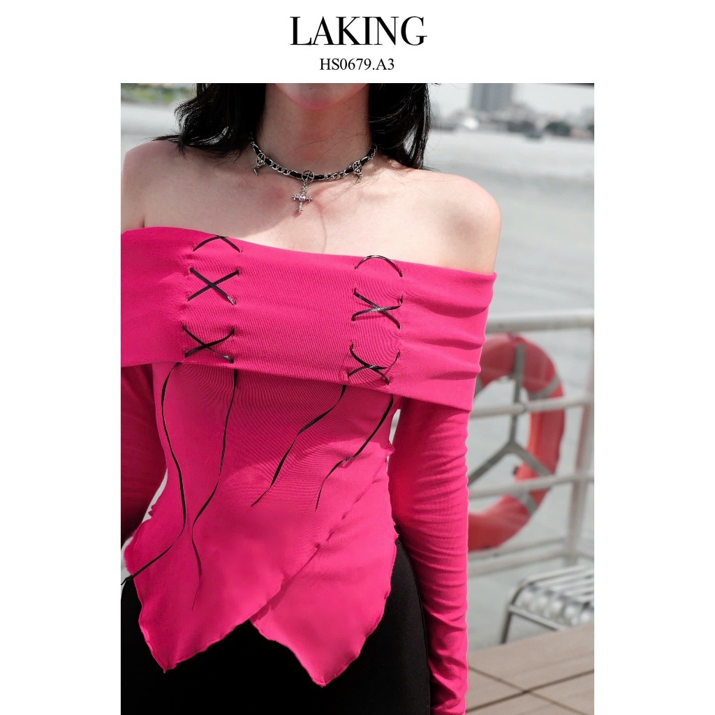 LAKING SCARLET PINK OFF-Shoulder BLACK BOW DRESS (S679A3)