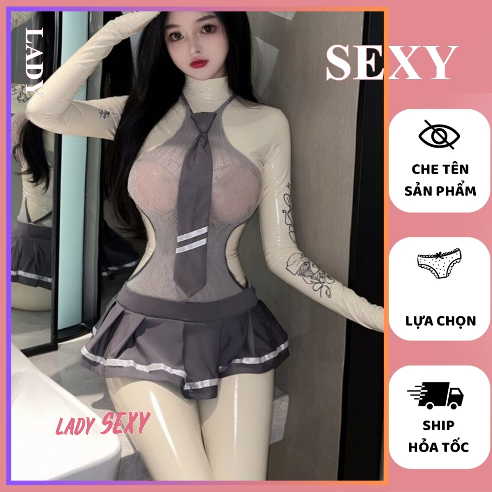 เซ็กซี่ชุดนอนสตรีคอสเพลย์นักเรียน DN80 บอดี้สูทตาข่ายลูกไม้ผูกจีบกระโปรงเซ็กซี่รูป