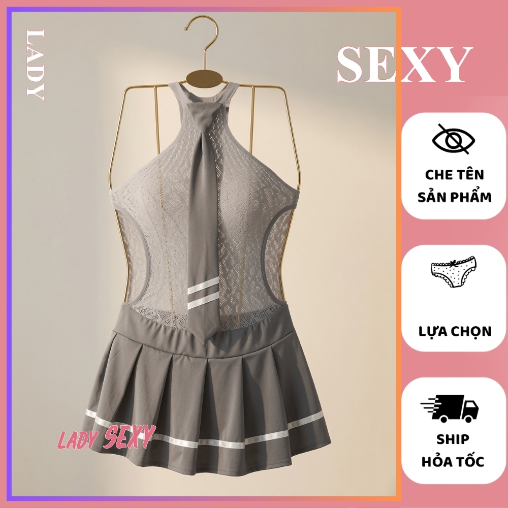 ชุดนอนคอสเพลย์นักเรียน DN80 ชุดนอนสตรีบอดี้สูทดูผ่านลูกไม้ Tie เซ็กซี่ Slim รูปแบบกระโปรงจีบ
