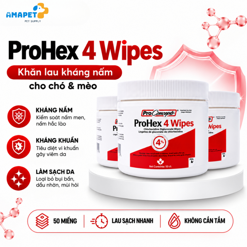 ProHex 4 ผ้าเช็ดทําความสะอาด Chlorhexidine ผ้าเช็ดผิวสุนัขและแมว 4% - รองรับแบคทีเรีย ป้องกันเชื้อรา