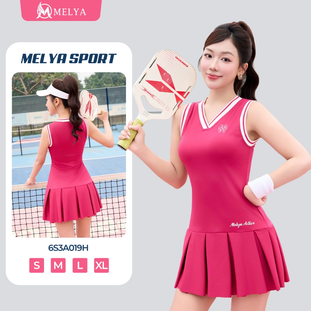 MELYA ชุดกีฬา 6S3A019H สีชมพู Sporty Pleat Slim Fit, Gym Yoga Pickleball, Cool, ยืด