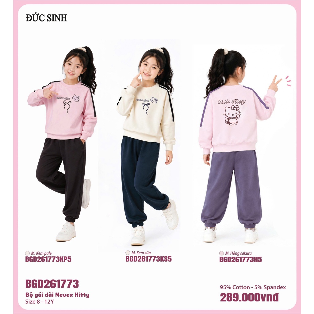 Duc Sinh Kitty773 ชุดเด็กผู้หญิงแขนยาว ผ้าคอตตอนเนื้อนุ่ม คุณภาพสูง ขนาด 8-12Y
