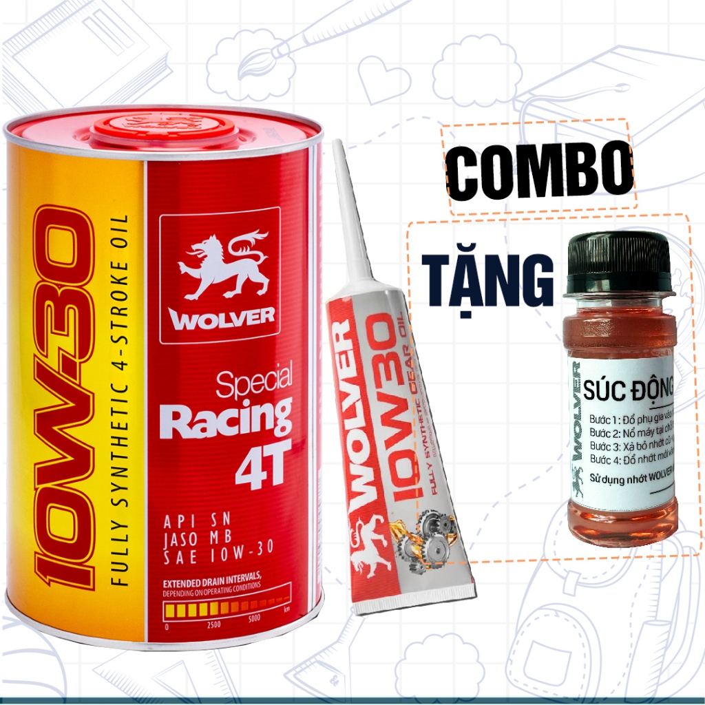 (สารเติมแต่งฟรี) Combo Wolver Special Racing 10W30 Oil และแล็ปท็อป Wolver, น้ํามันสกู๊ตเตอร์สังเคราะ