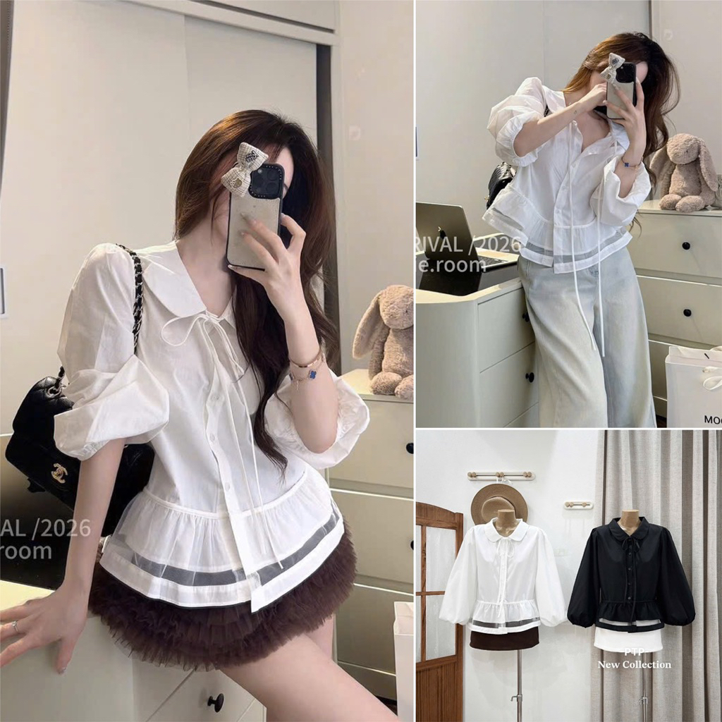 [A0.337] เสื้อคอปกโบว์สไตล์เกาหลี - ภาพถ่ายจริงของเจ้าของ PTP STORE