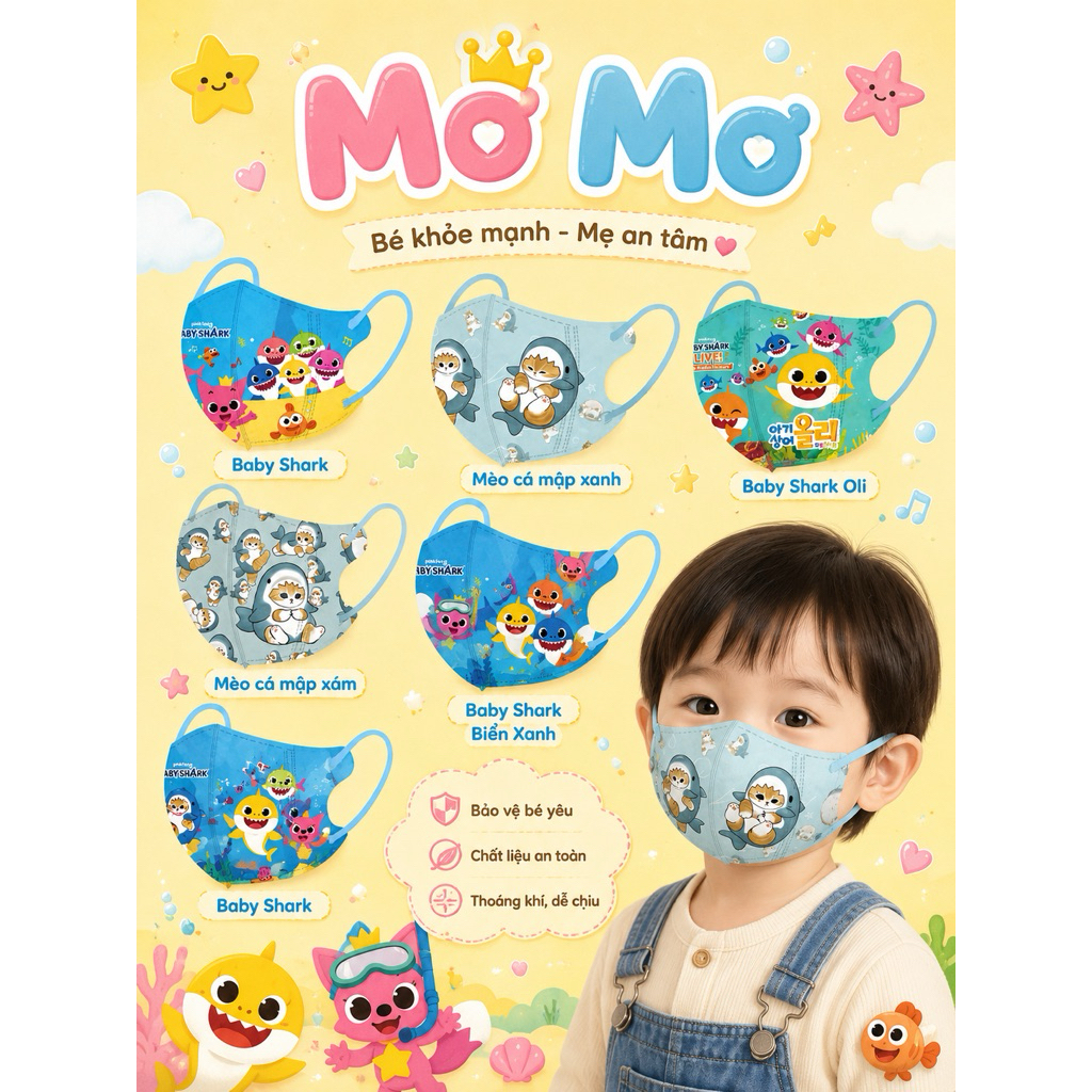 BaBy Shark [กระเป๋า 10 ชิ้น] หน้ากากเด็ก 3 มิติพิมพ์ลาย Baby Shark Fat Kick สําหรับเด็กอายุ 0-9 ปี
