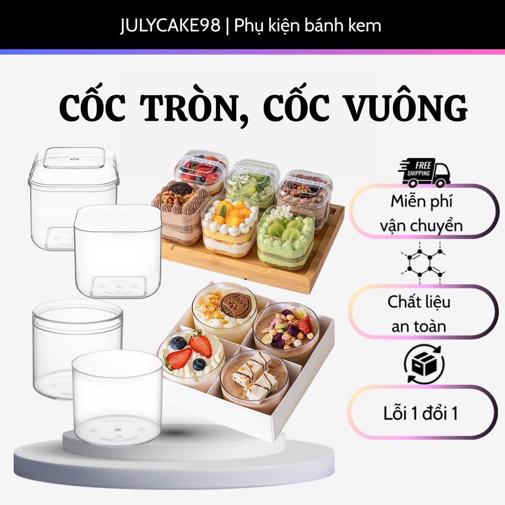 10c ถ้วยพลาสติกทรงกลม ถ้วยพลาสติกสี่เหลี่ยม (300ml) สําหรับ Tiramisu, Mousse, flan (ไม่มีฝา+ฝา)