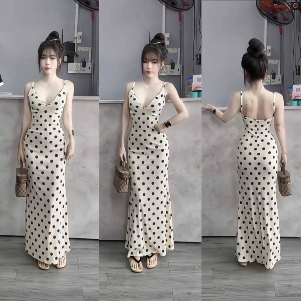 2s Fishtail Bodycon Dress Backless Polka Dot พิมพ์ยาว Ribbed ยืดหยุ่นโฟม L071 40-52 กก.สไตล์ผู้หญิง