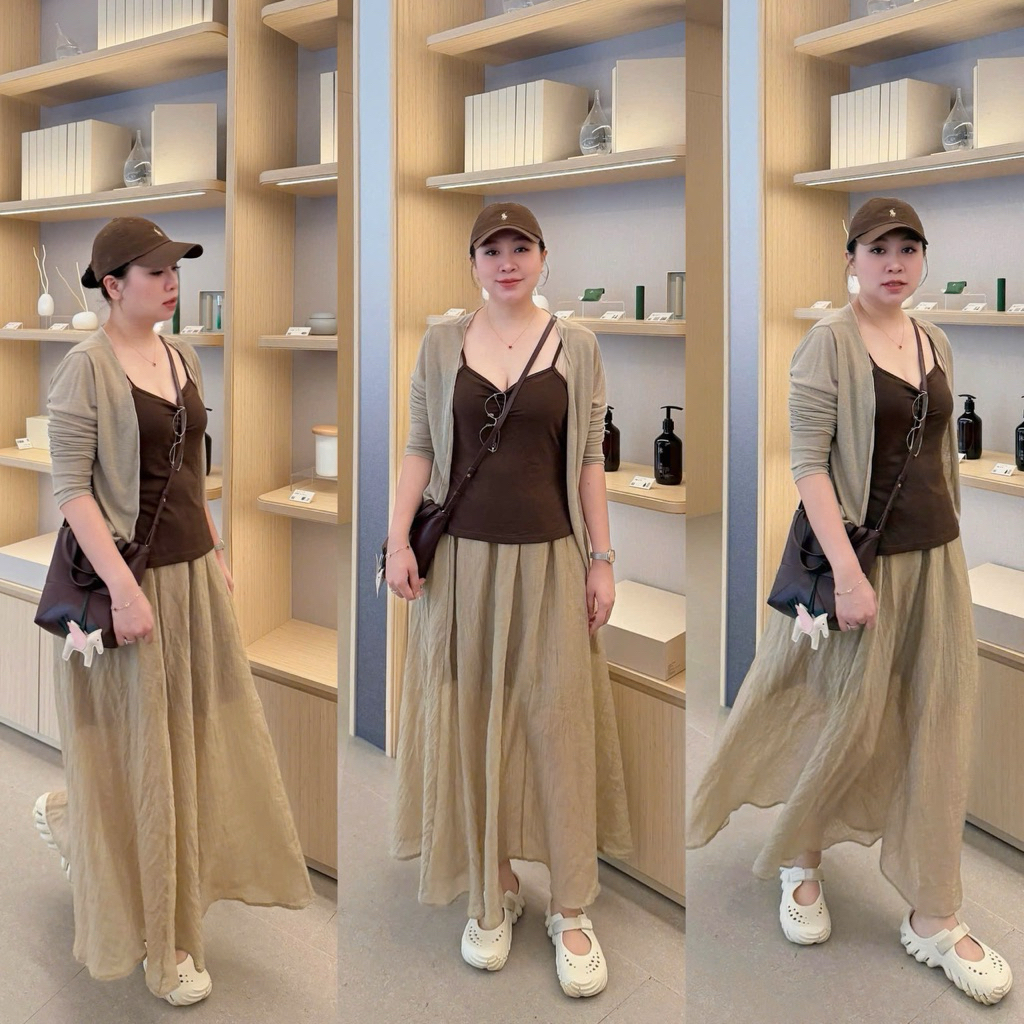 Set 3 ชิ้น cdg เสื้อคล้องคอและกระโปรงย่นสีน้ําตาล HQ BIGSIZE (22133)