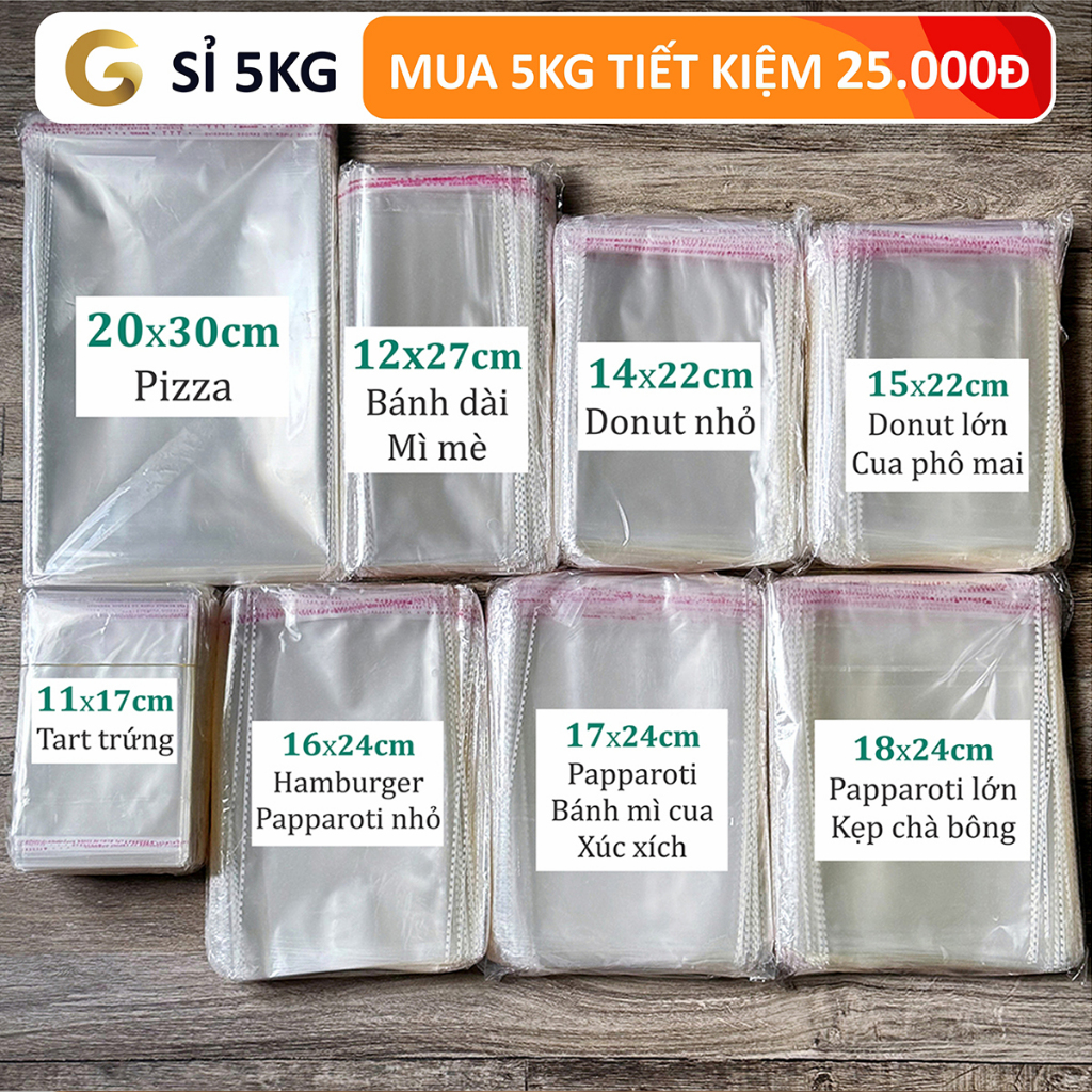 ขายส่ง ถุง Opp กาว 5กก. - ขนาด 11x16, 12x27, 14x22, 15x22, 16x24, 17x24, 18x24, 20x30ซม. [แพ็คทอง VN