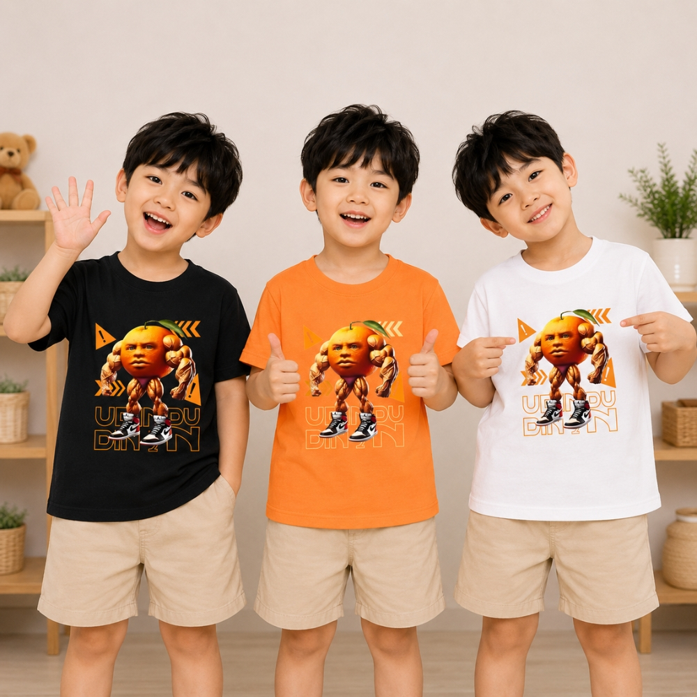 เสื้อยืดสําหรับเด็กชายและเด็กหญิงพิมพ์ลาย ANOMALI UDIN ORANGE UDIN DIN DUN TUNG TUNG ผ้าโพลีไทยเนื้อ