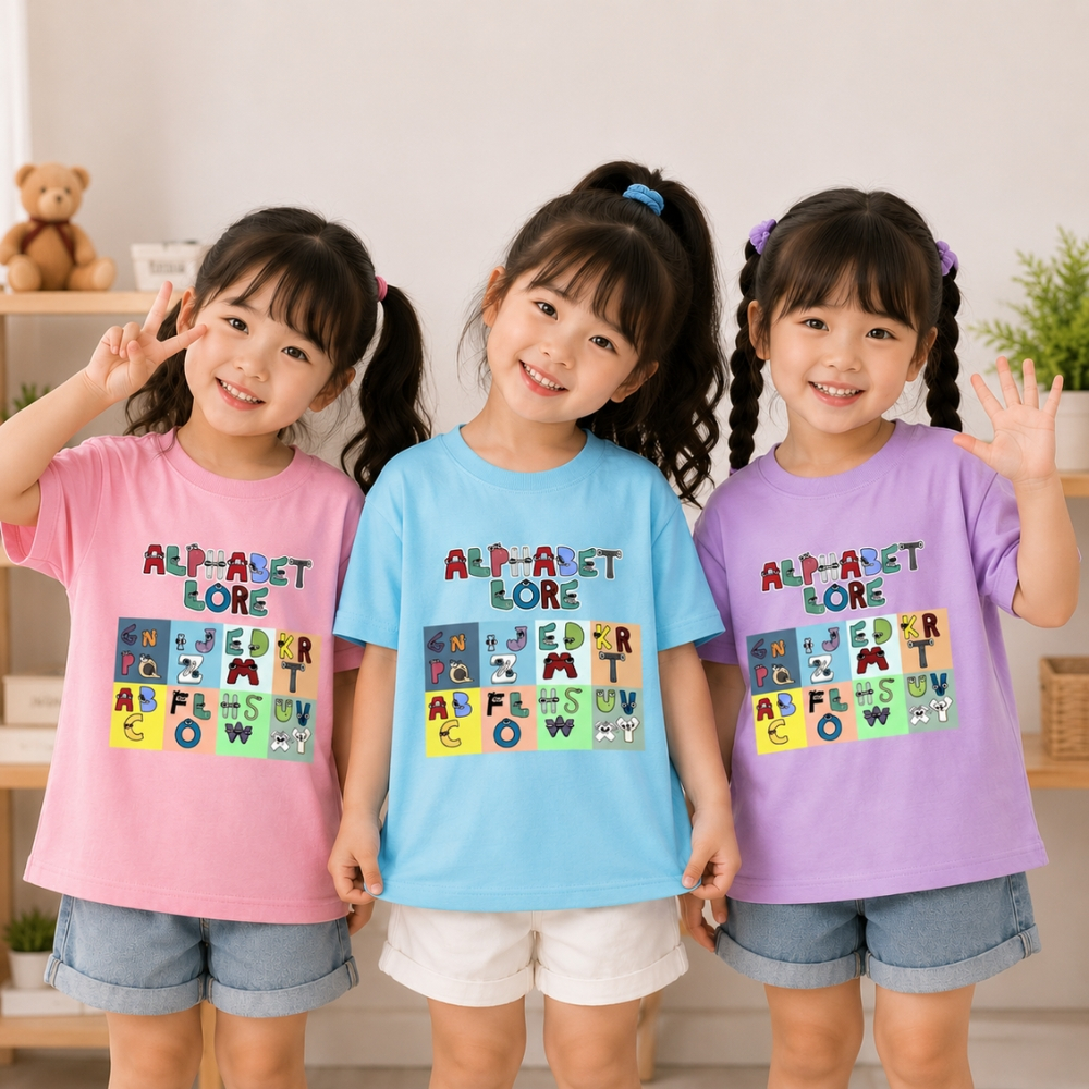 เสื้อยืดสําหรับเด็กชายและเด็กหญิงพิมพ์ลาย ALPHABET LORE น่ารัก วัสดุโพลีนุ่มเท่ NTShirt 11