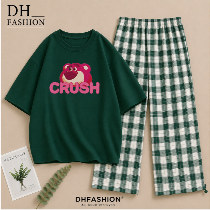 เสื้อยืด Crush Bear + ชุดกางเกงคาโร เสื้อยืดหลวม คุณภาพดีโดยไม่ต้องกลัว - DH FASHION