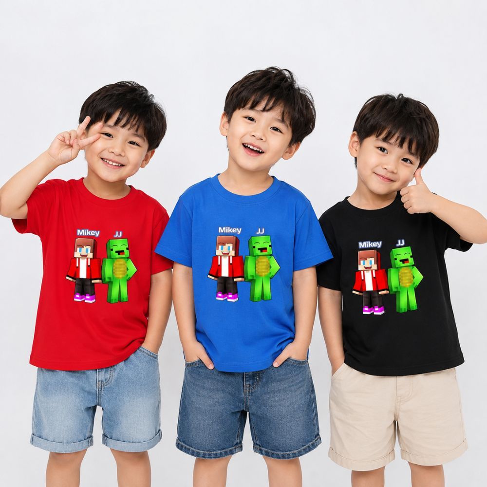 เสื้อยืดเด็กชายและเด็กหญิง JJ AND MIKEY MAIZEN MINECRAFT พิมพ์ลาย เสื้อยืดเด็กผ้าโพลีไทยเนื้อนุ่มและ