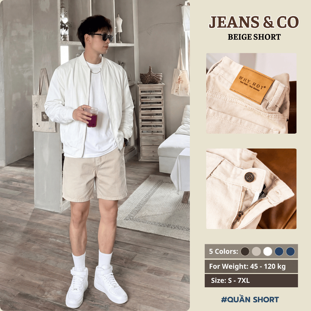 BEIGE SHORT JEANS กางเกงขาสั้นผู้ชาย - JEANS & CO - ทรงเหนือเข่า - กางเกงขาสั้นผู้ชาย BEIGE