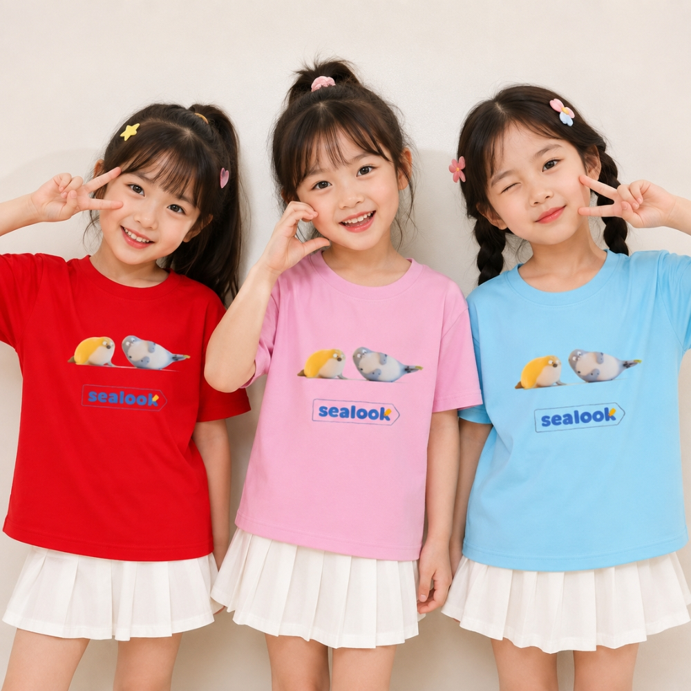 เสื้อยืดสําหรับเด็กชายและเด็กหญิงพิมพ์ลาย SEALOOK CARTOON นุ่มและเท่ 4 ทิศทางยืดเสื้อยืดเด็กผ้าโพลีค