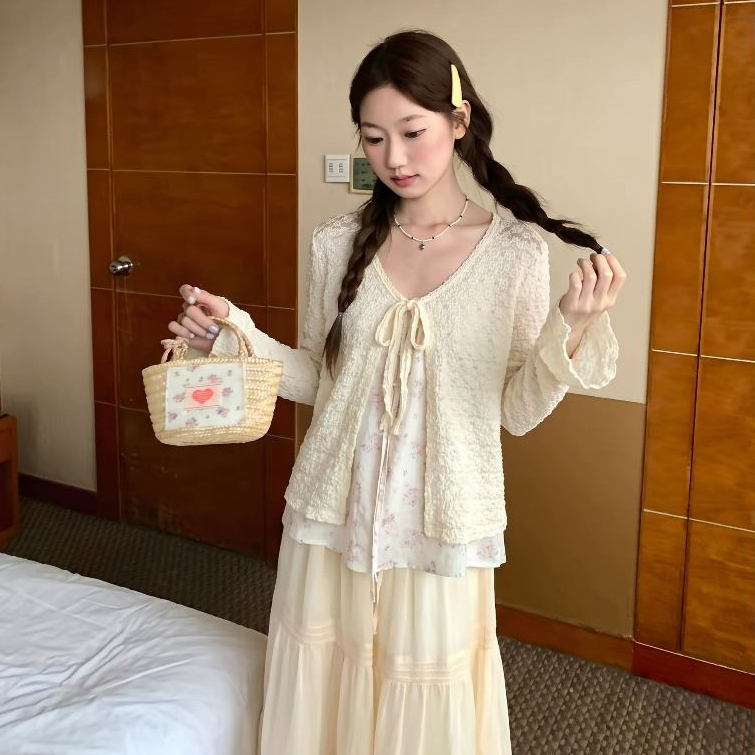 เสื้อคาร์ดิแกนผ้าถักแบบบางแขนยาวสไตล์พื้นฐานผูกโบว์ 24Feb.studio QC56 94679