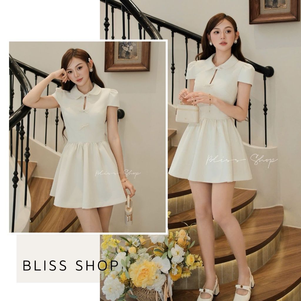 [การออกแบบระดับไฮเอนด์] Elegant Lady Bliss Shop เดรสสั้นทางการคอตักและผูกโบว์ - V959