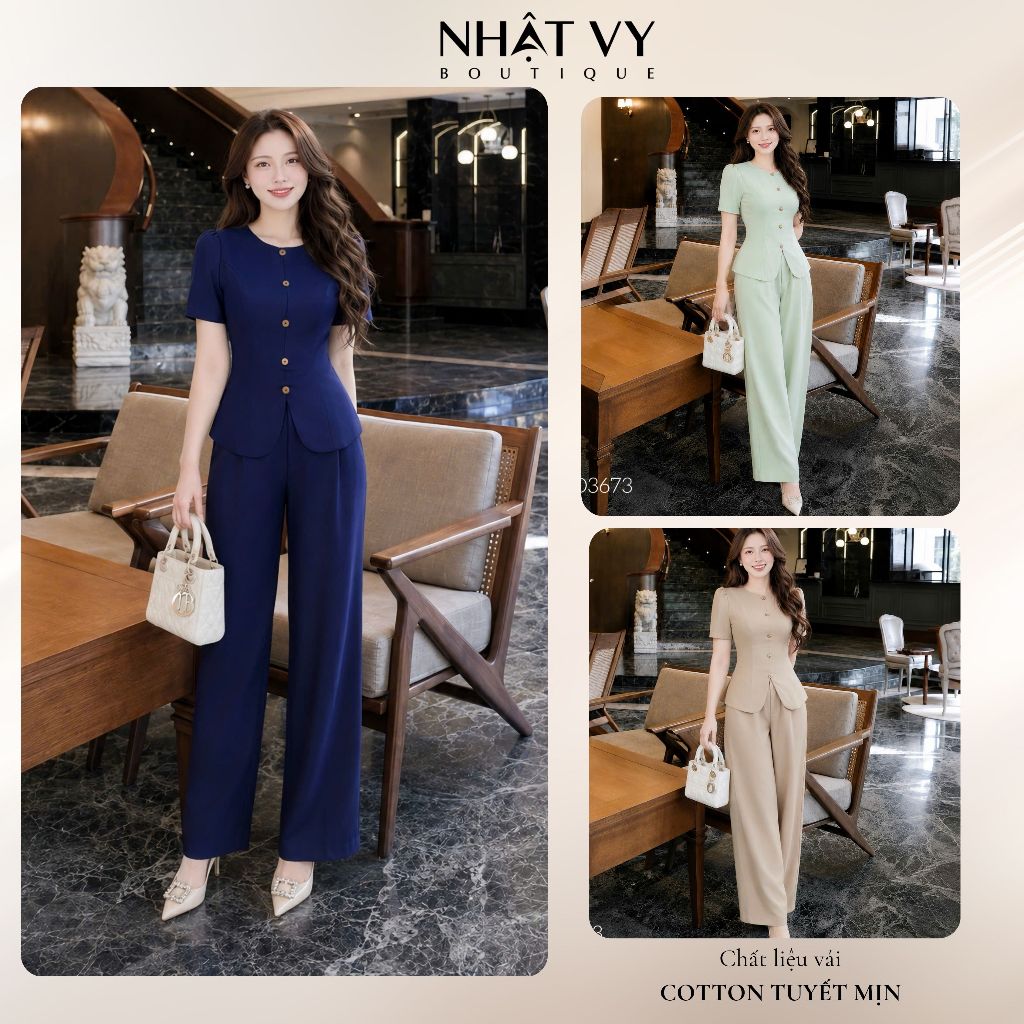 Nhat Vy Boutique เสื้อคอกลม ชุดมีกระดุมและกางเกงหลวมทําจากผ้าฝ้ายหิมะเนื้อเนียน - D3673