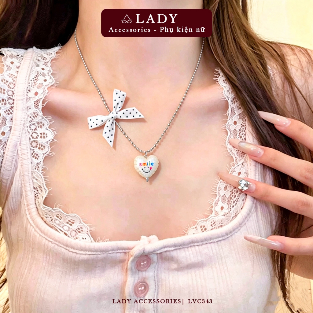 สร้อยคอหัวใจยิ้มมีโบว์ลายจุดน่ารัก สไตล์เกาหลีน่ารัก Lady LVC343