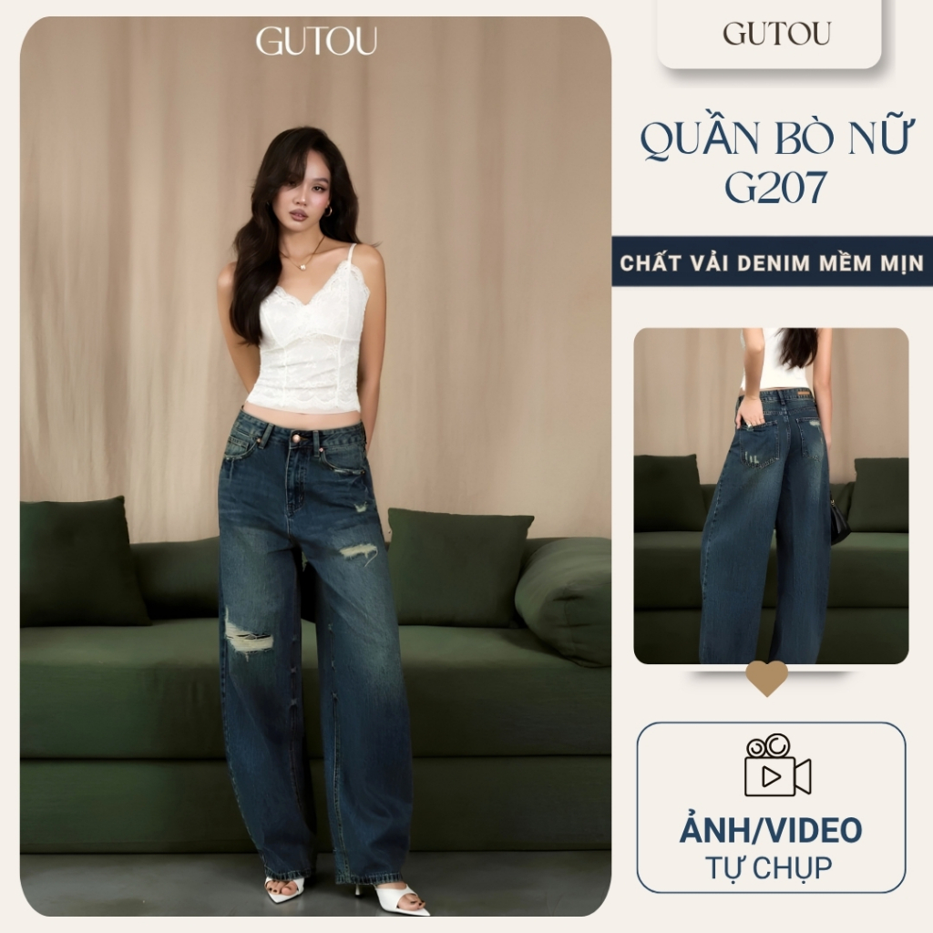 [ GUTOU ] Vival Style G207 Wide Leg Baggy Jeans, Hacked Straight Leg Womens Jeans, Easy to Coordinat